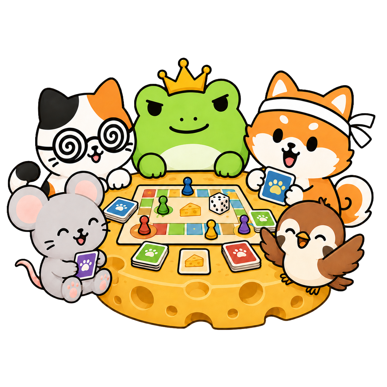 TrioCheese characters gathered around a cheese-shaped game table